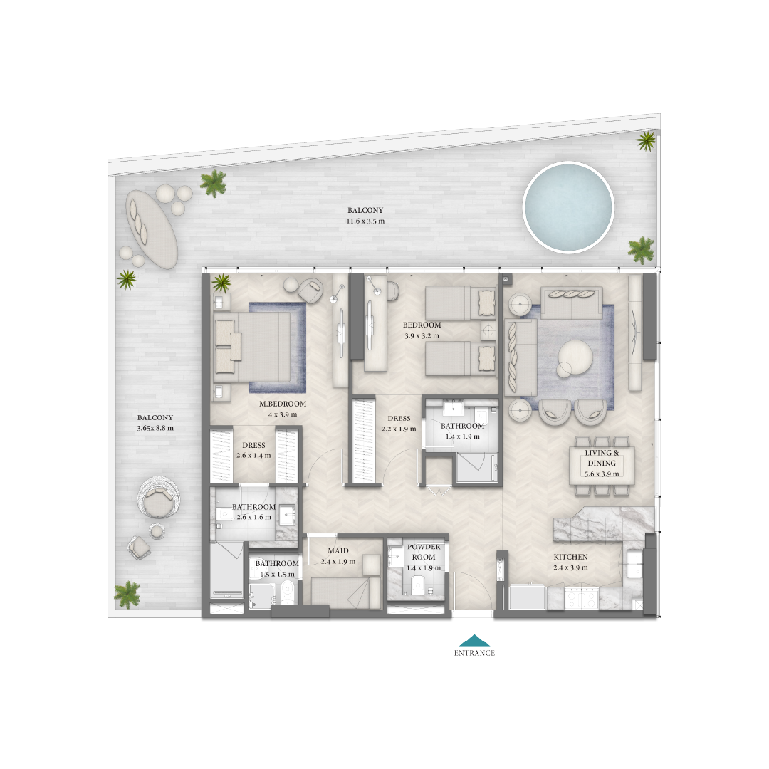 Beach Walk 4 By Imtiaz A floor plan featuring a modern apartment layout with multiple bedrooms, bathrooms, kitchen, and balconies.